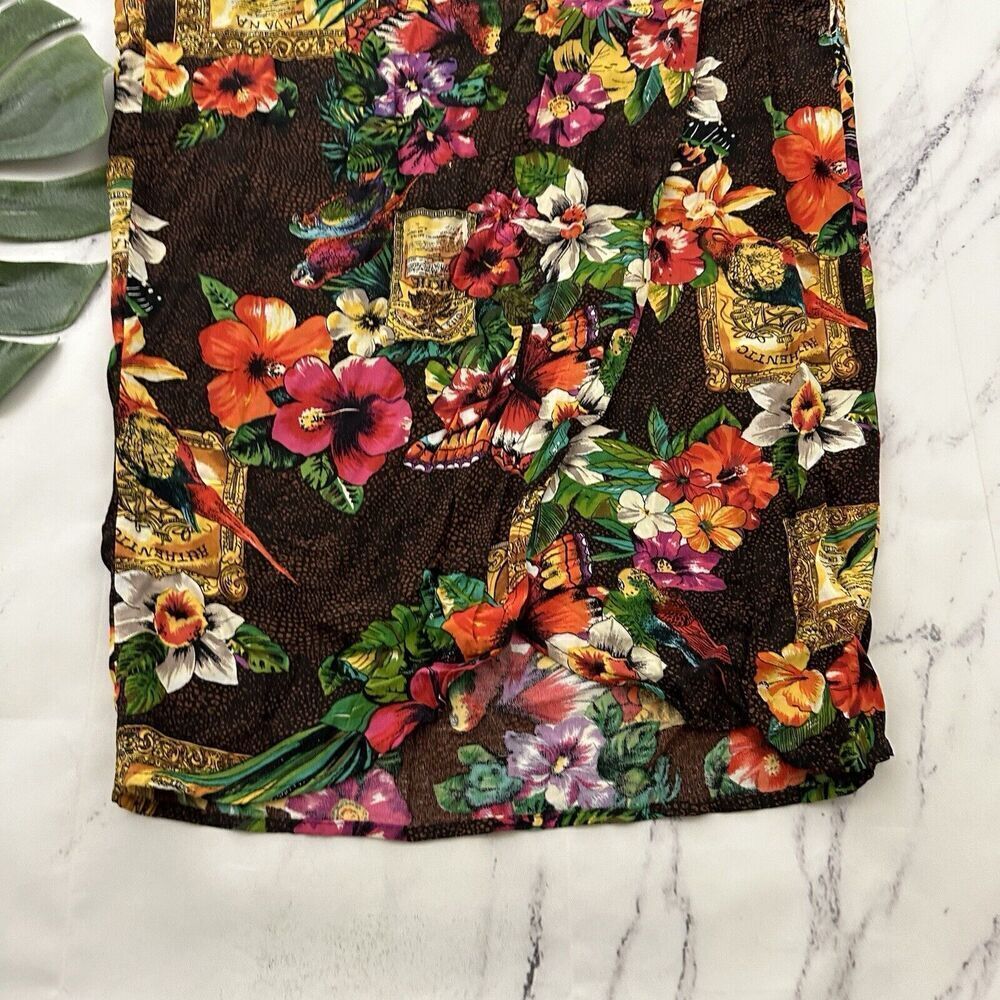 Womens Vintage Wrap Midi Skirt Size M Orange Pink Tropical Floral Parrots Tiki - Picture 4 of 8